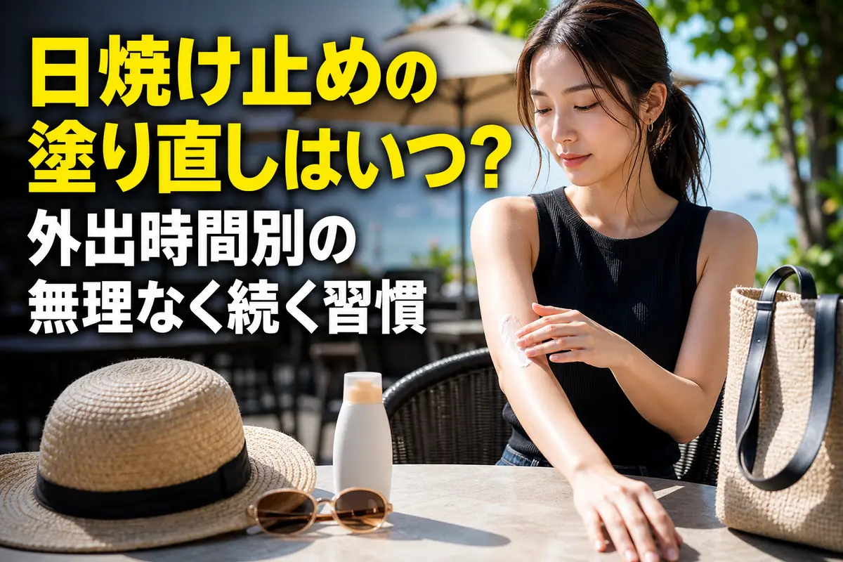 外出先の日陰で腕に日焼け止めを塗り直す様子。