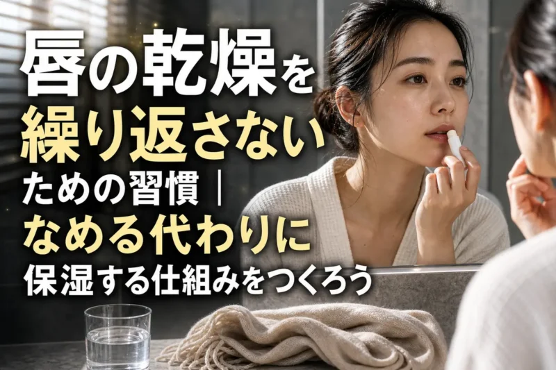 洗面台の鏡の前で唇にリップクリームを塗る様子。