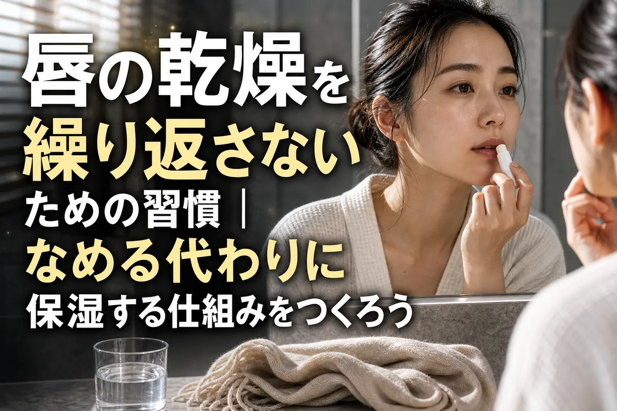 洗面台の鏡の前で唇にリップクリームを塗る様子。