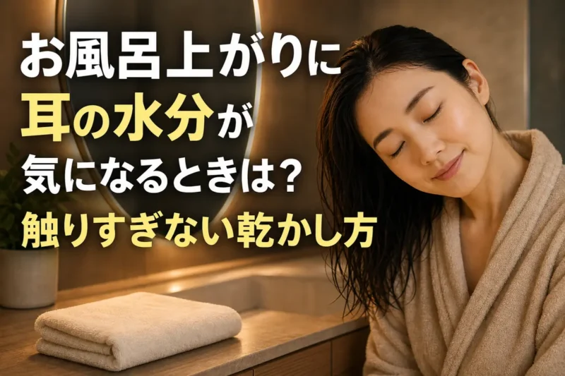 入浴後に耳を下へ傾け、外側の水分をやさしく乾かす様子。