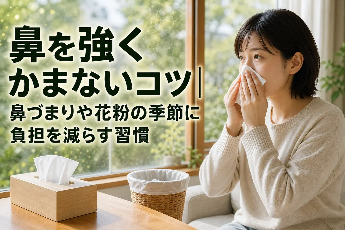 花粉の季節にティッシュで鼻をやさしく押さえる様子。