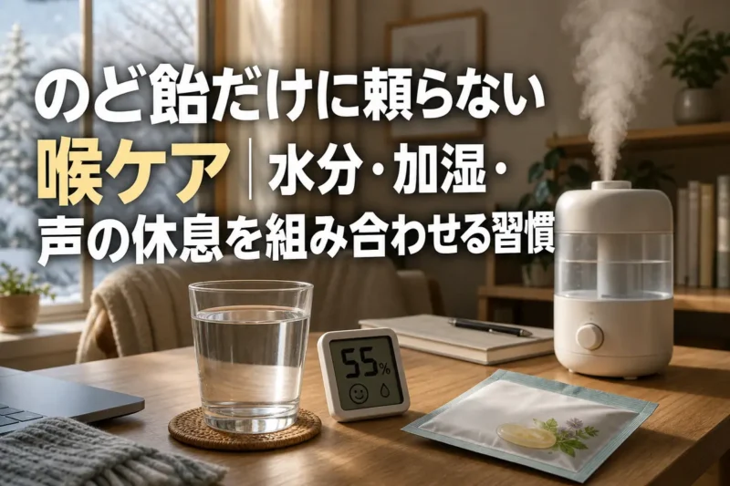 水、湿度計、加湿器を組み合わせた日常の喉ケア環境。