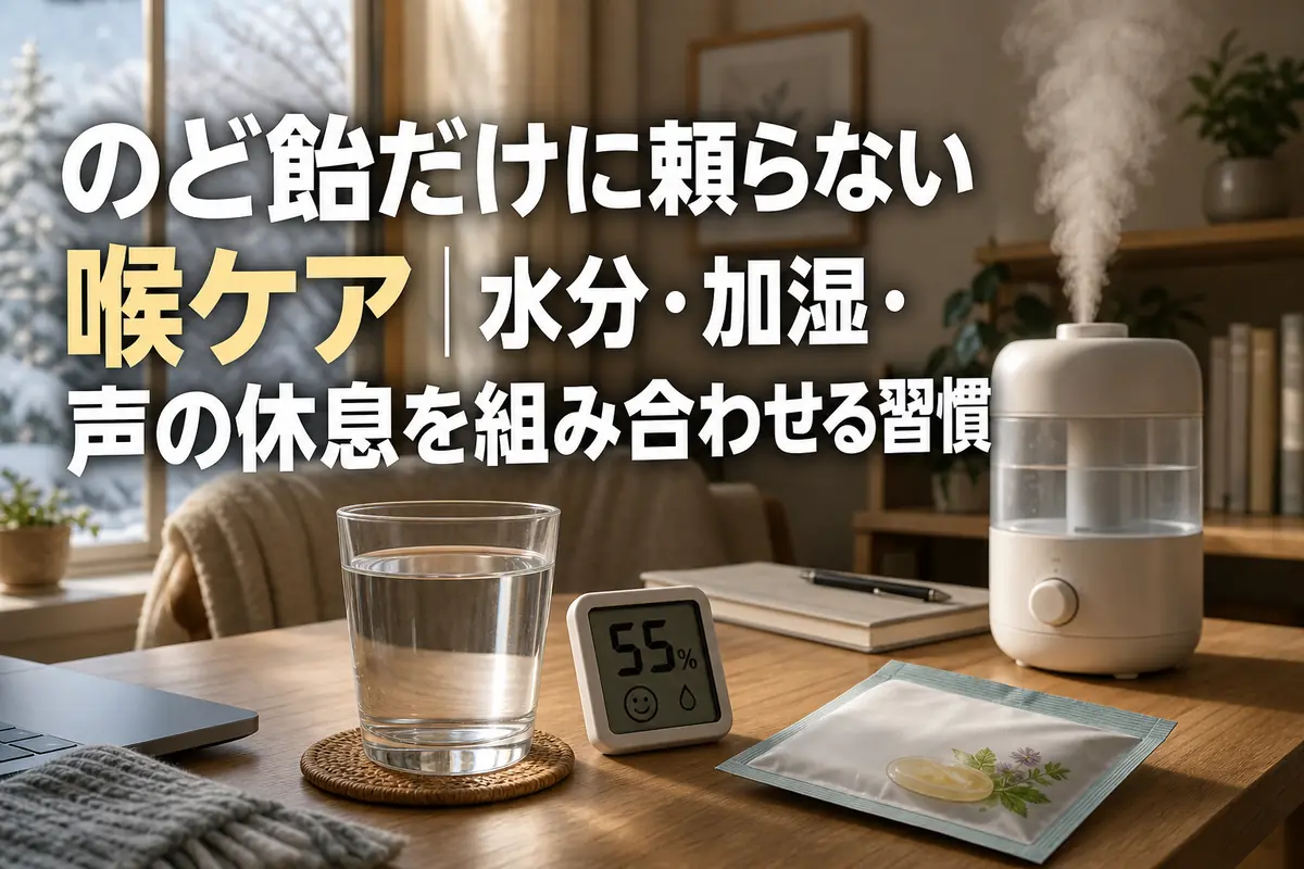水、湿度計、加湿器を組み合わせた日常の喉ケア環境。