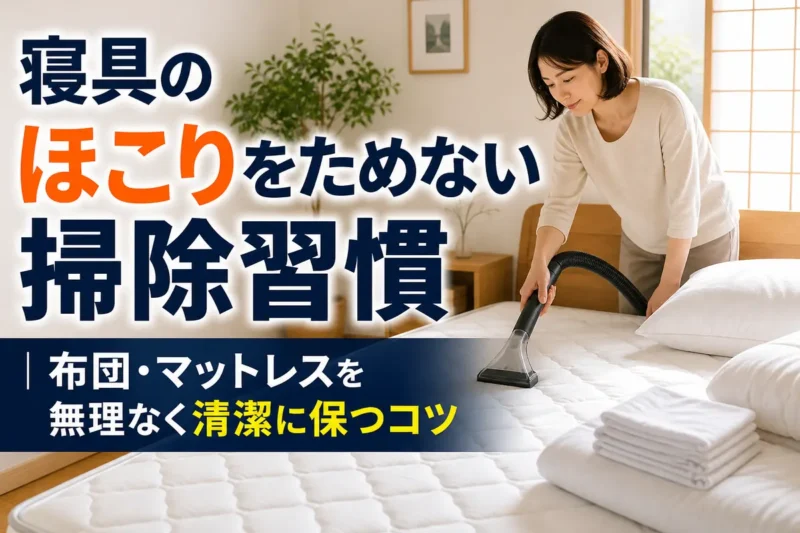 明るい寝室でマットレスにゆっくり掃除機をかけている様子。