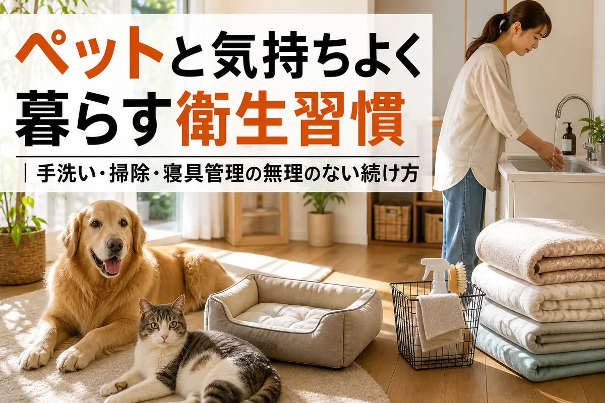 清潔な寝具のそばでくつろぐ犬と猫と、手を洗う飼い主。