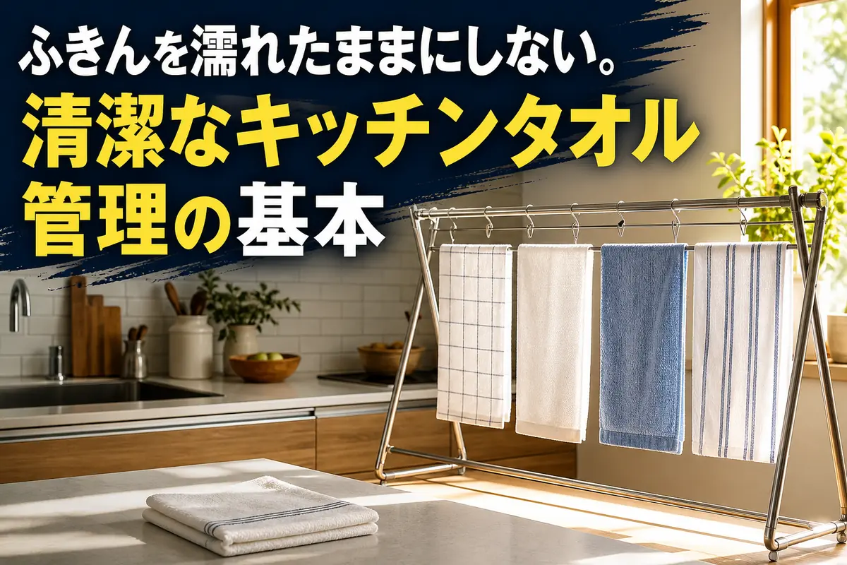 清潔なキッチンで、洗ったふきんとタオルを広げて乾かしている様子。